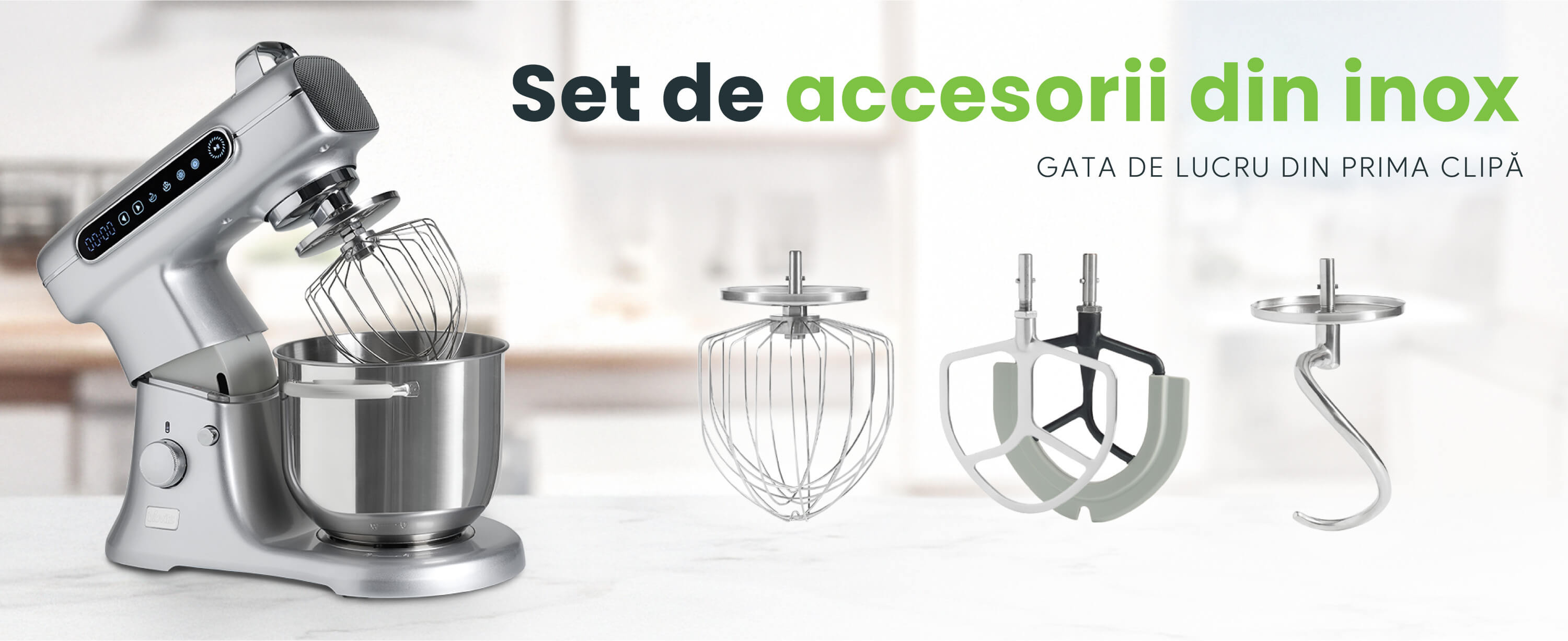 Mixer cu bol profesional, 7L din inox, 1800W, 2.4 kg aluat, carcasă aluminiu, silențios, MB-1800-MAX PRO, Argintiu - 4